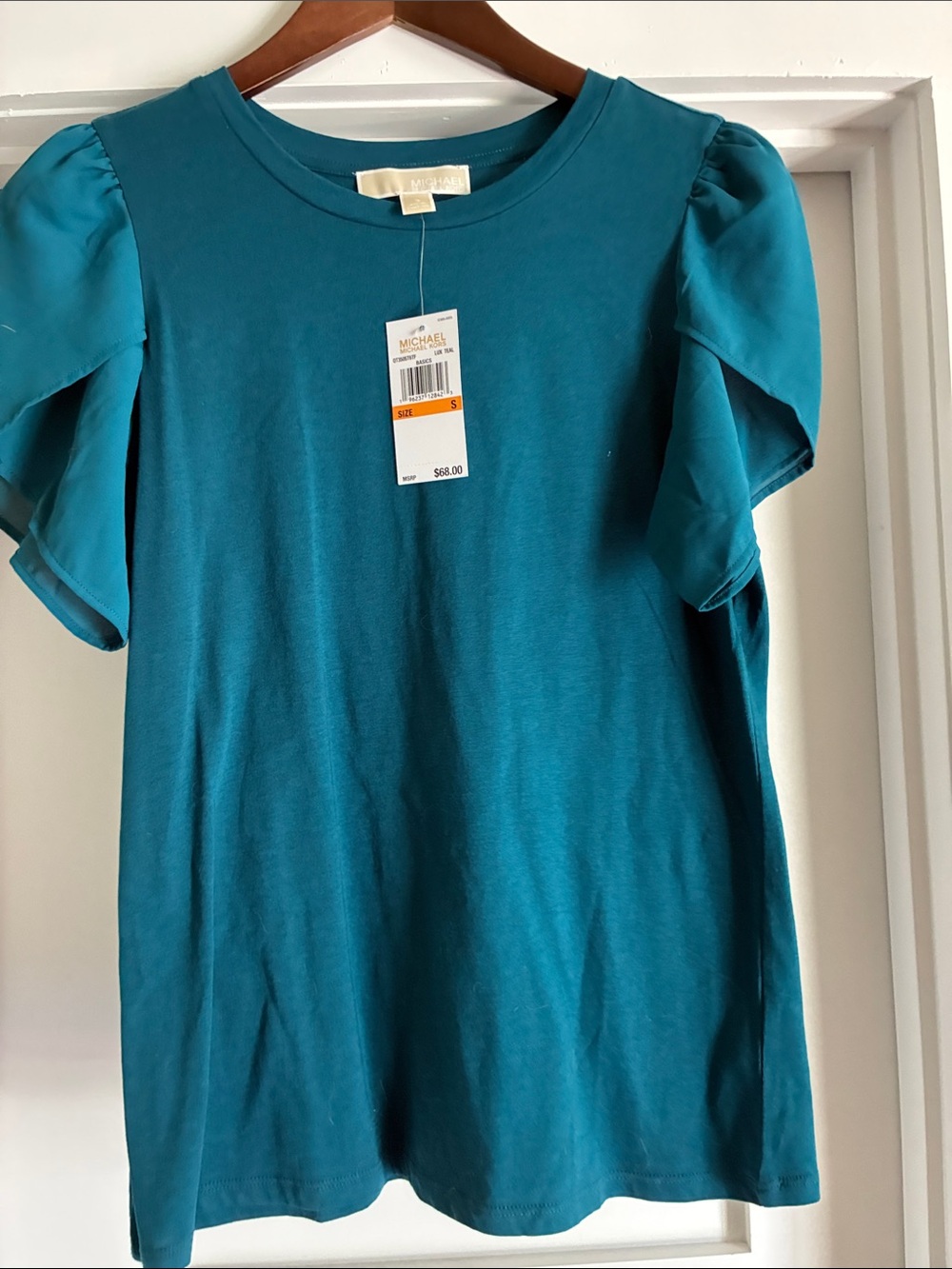 Michael Kors Teal Puff-Sleeve Crewneck Top
